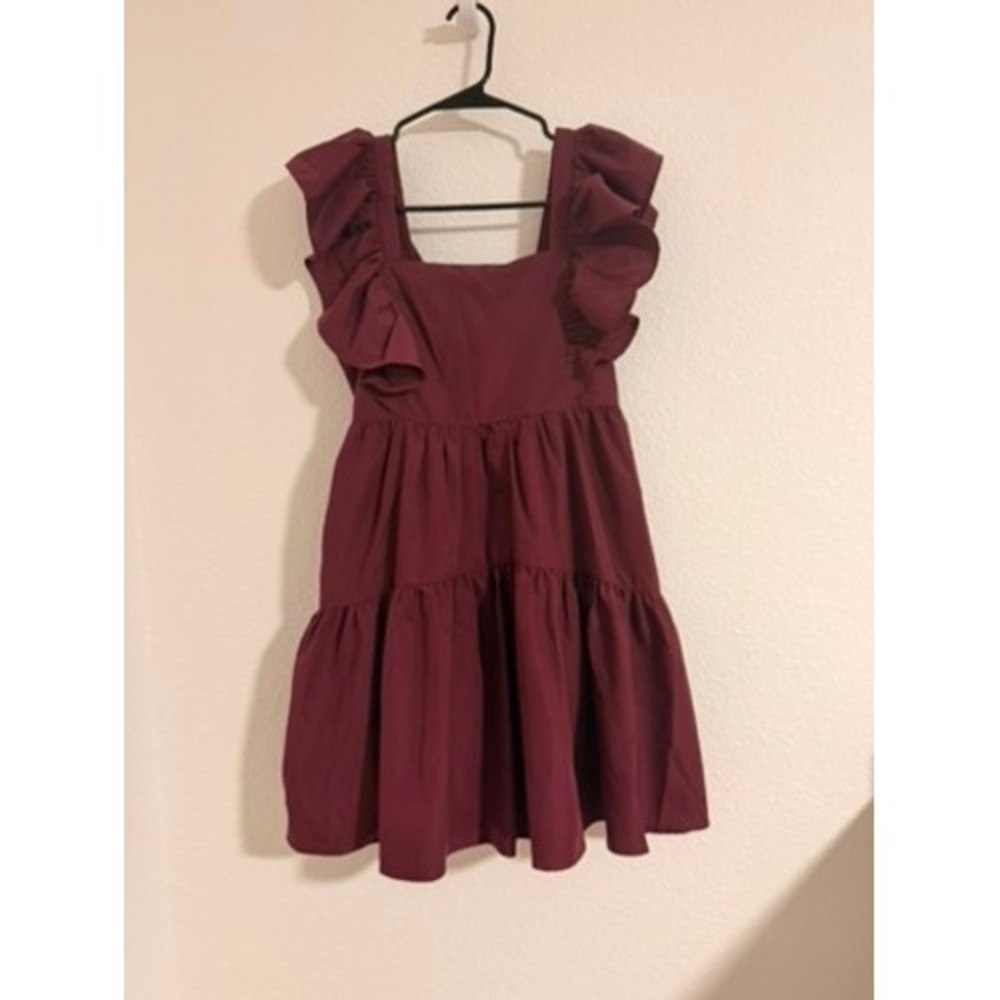Entro Plum Purple Ruffle Tiered Mini Dress S Smocked Back Pockets